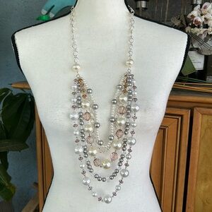 Faux Pearl and Crystal long layered Bead Statement Necklace.